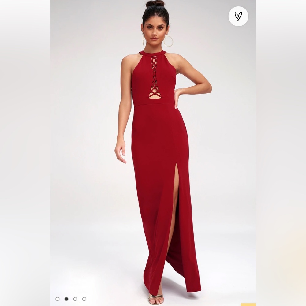 Lulu's Can't Take My Eyes Off Of You Wine Red Lace-Up Halter Maxi Dress
